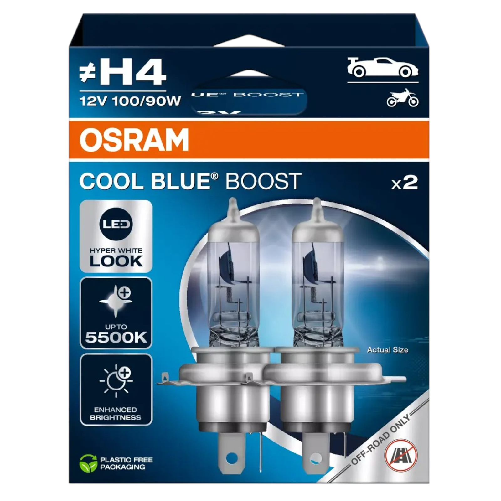 H4 OSRAM Cool Blue Boost 12V 100/90W 472 Halogen Bulbs - 62193CBB-HCB