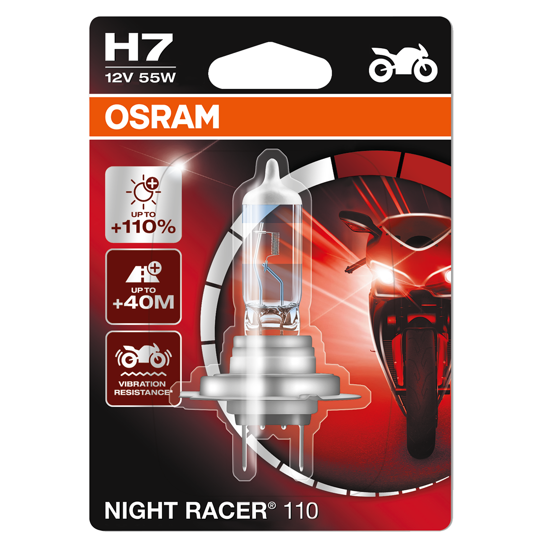 OSRAM NIGHT RACER 110 H4 Halogène, lampe de phare pour moto, 64193NR1-02B,  blister double (2 pièces avec casque de moto miniature)