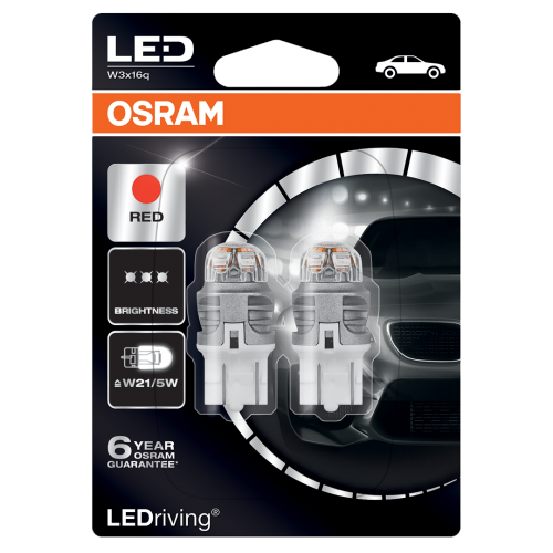 580 Osram Long Life LED Retrofit Red 12V 7443 W21/5W Wedge Bulb